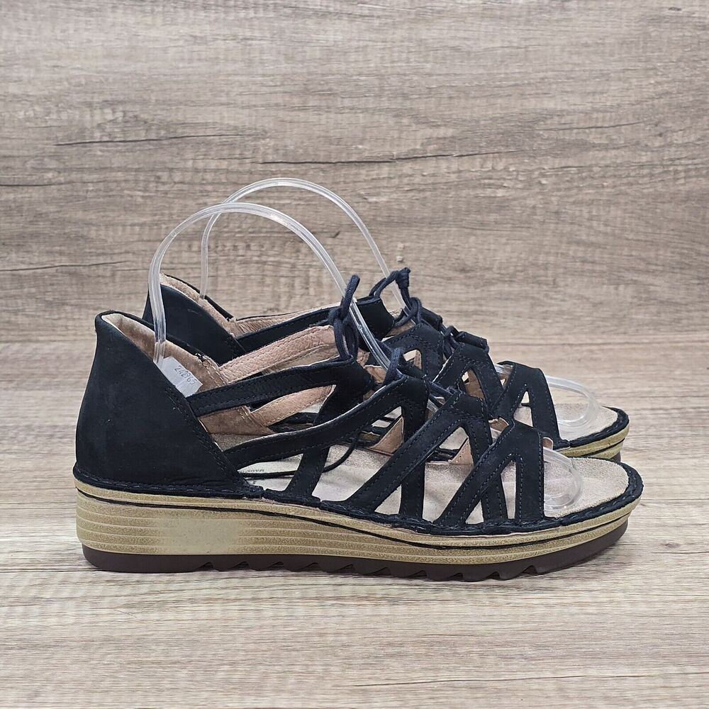 NAOT Yarrow Women's Size EU 37 US 6 Black Lace up Gladiator Wedge Sandals